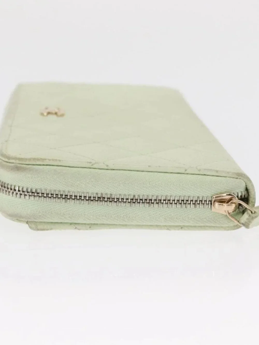 CHANEL Long Wallet Grained Calf Skin Green Gold CC Auth 164071A